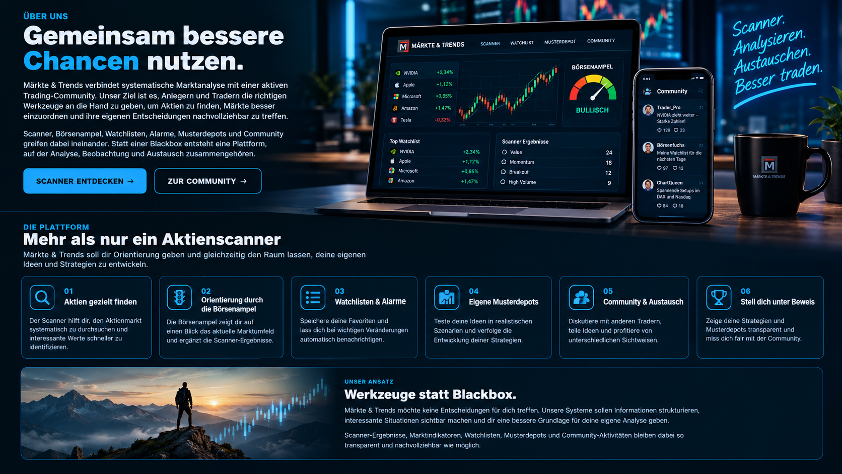 Märkte & Trends Plattform mit Scanner, Börsenampel und Community