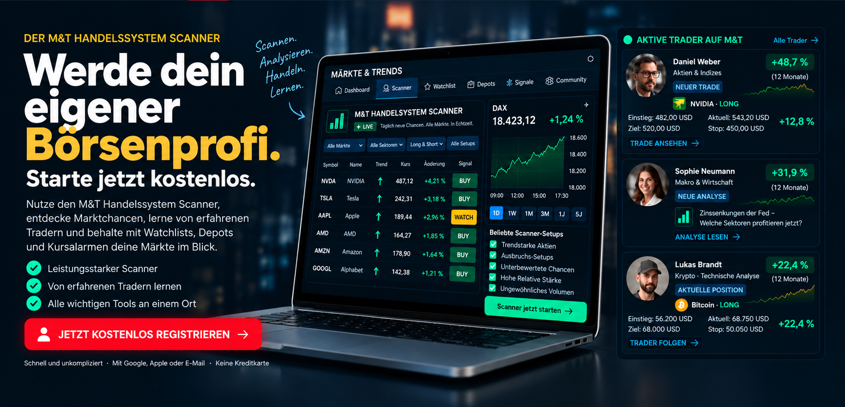 Märkte & Trends Handelssystem Scanner: Werde dein eigener Börsenprofi, kostenlos registrieren, Scanner, Trader, Watchlist, Musterdepot, Kursalarme, Lernen und Community